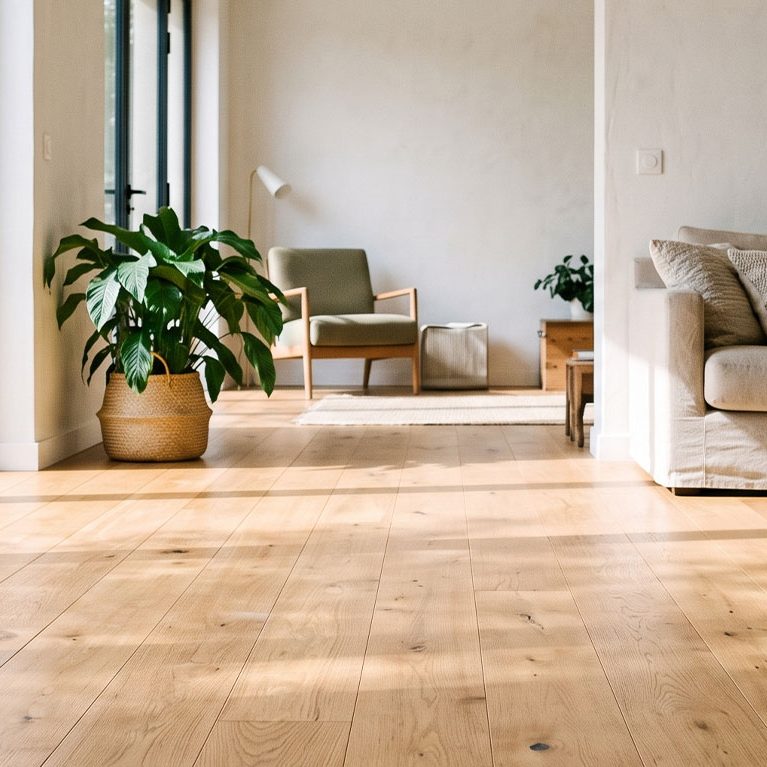 Pose de parquet à Fréjus – ARS Habitat Pose de parquet en chêne dans un salon lumineux à Fréjus
