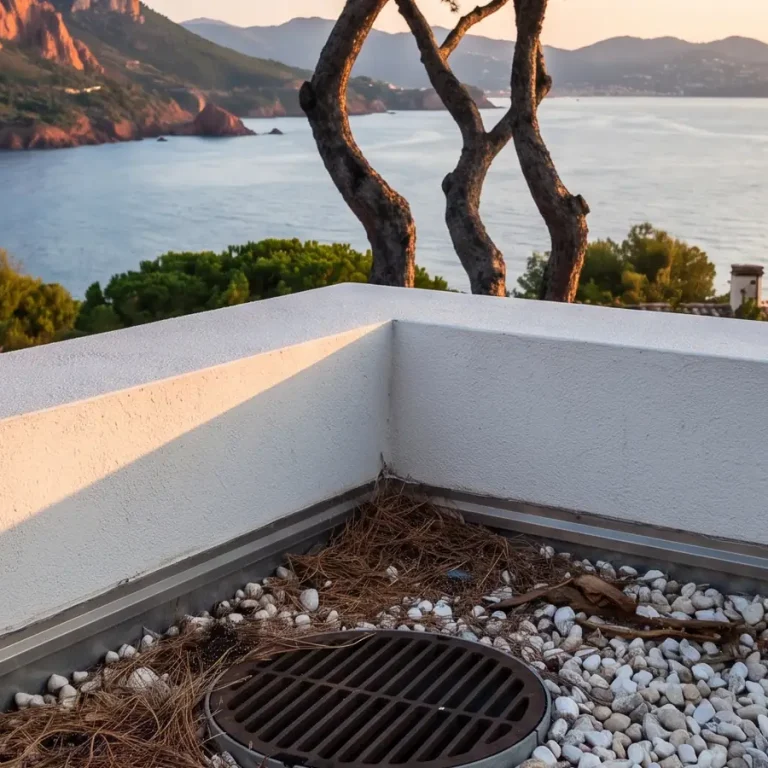 Étanchéité de toit terrasse dans le Var Étanchéité toit terrasse protégée par des gravillons avec évacuation d'eaux pluviales, face à l'Esterel